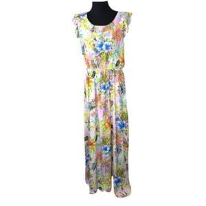 ExCup Maxi Floral Parrot Pattern Dress Sz 42 ~ US 10 Lined Ruffle Cap Sleeve EUC